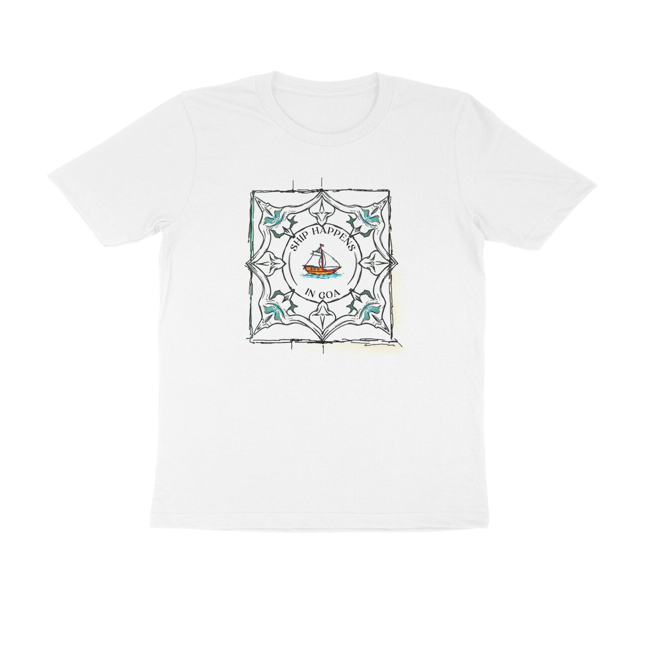 Goa themed T-shirt with Portuguese ship design โ Ship Happens in Goa