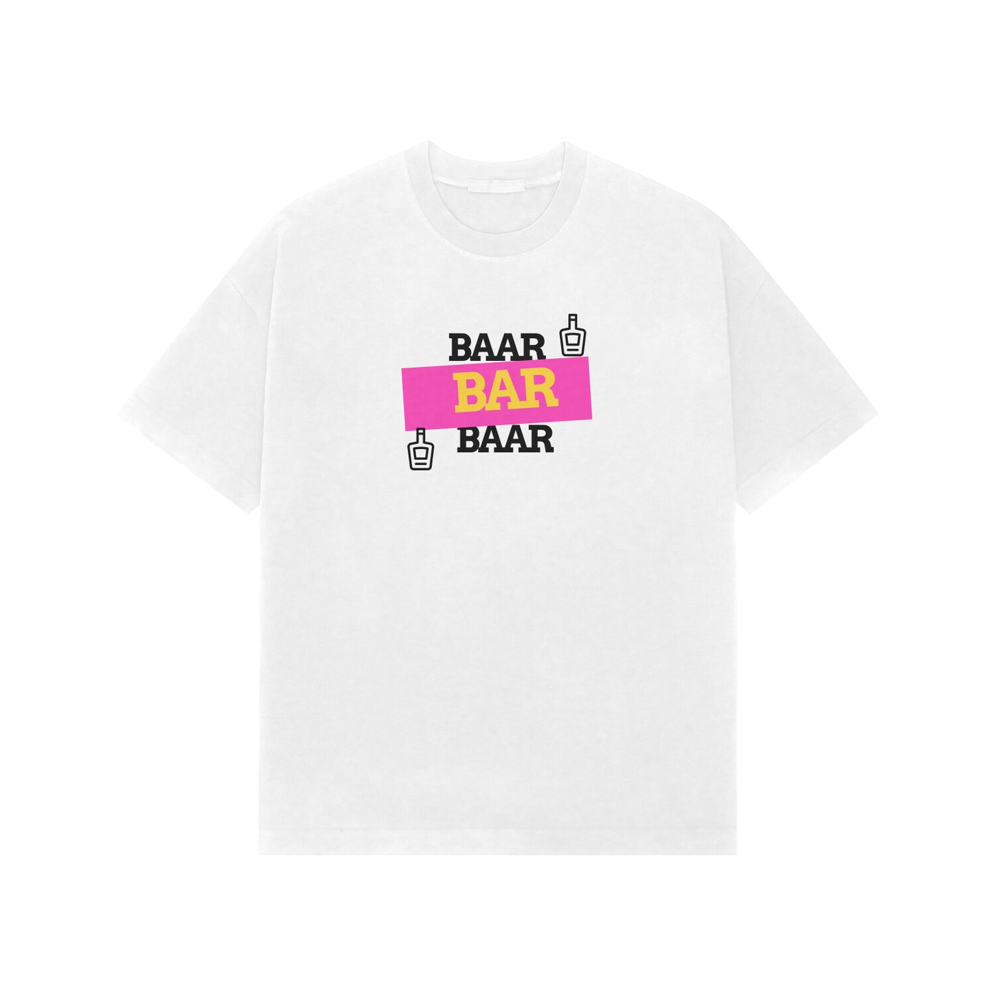Front View Oversized BaarBar Quirky Drinking T-shirt | White