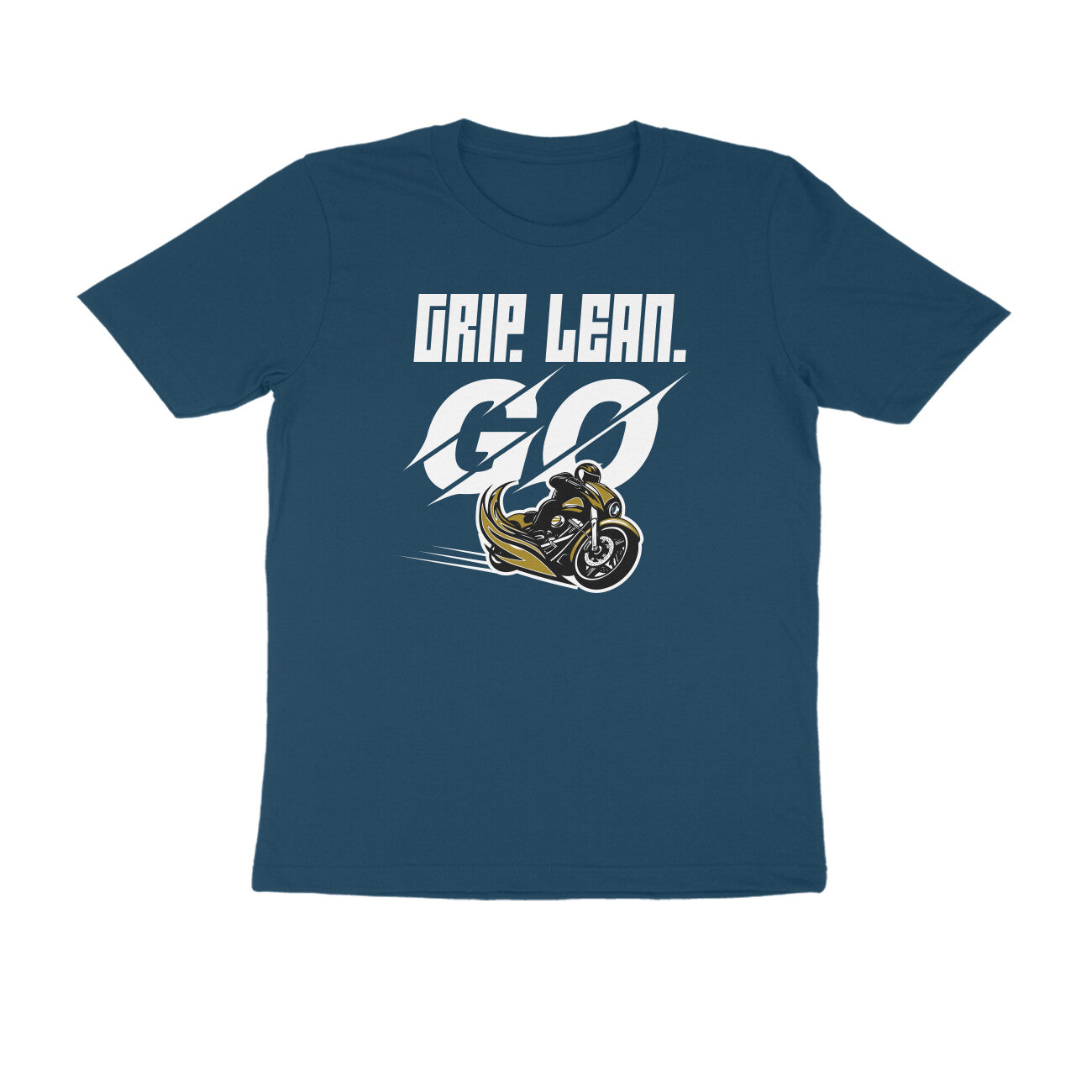 Blue biker t-shirt for men with high-speed motorcycle and bold slogan