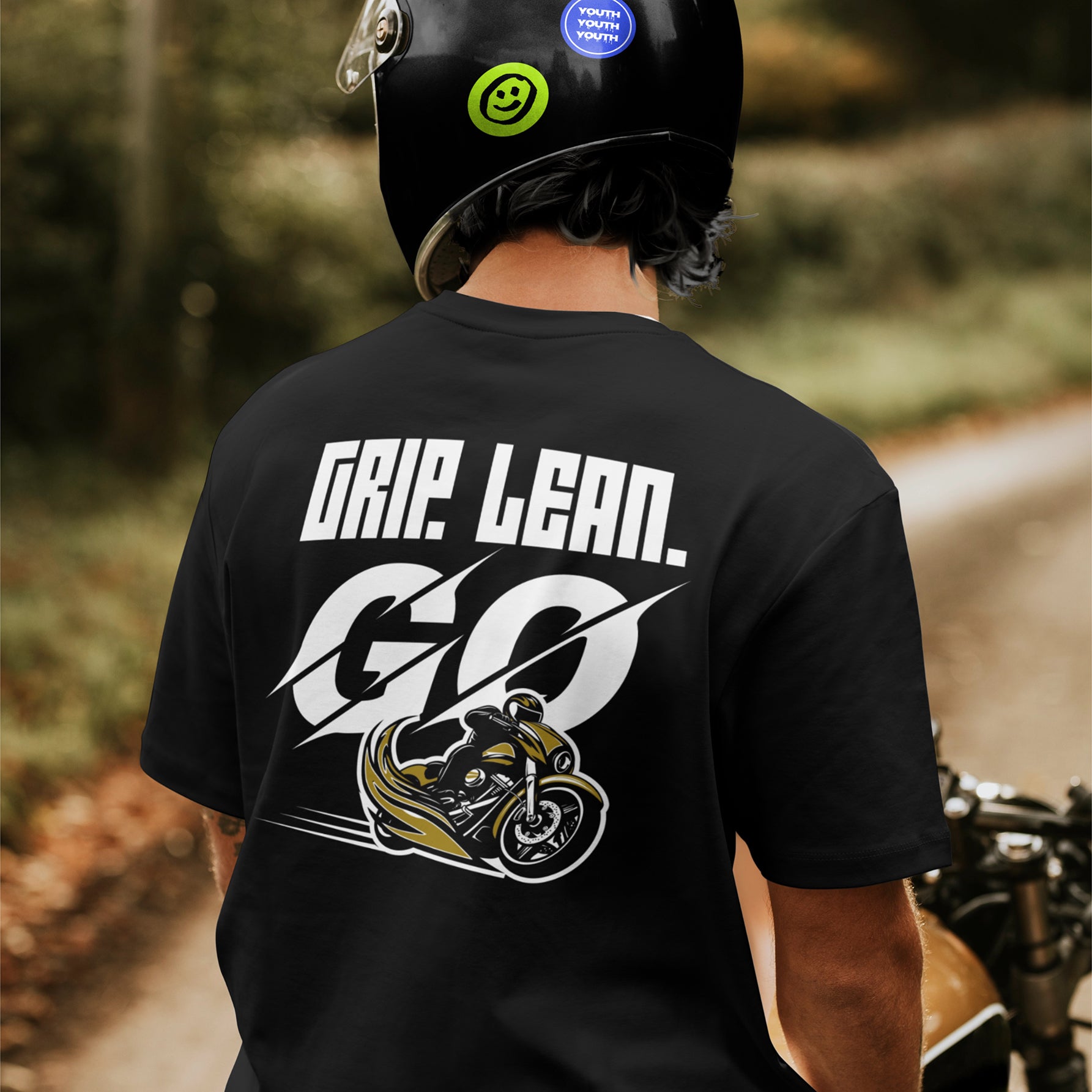 Black biker t-shirt for men with high-speed motorcycle and bold slogan