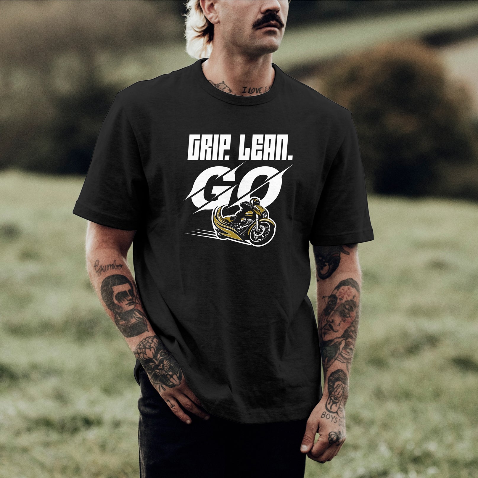 Biker T-Shirt for Men – Grip. Lean. Go. with motorcycle graphic design | Tootypop