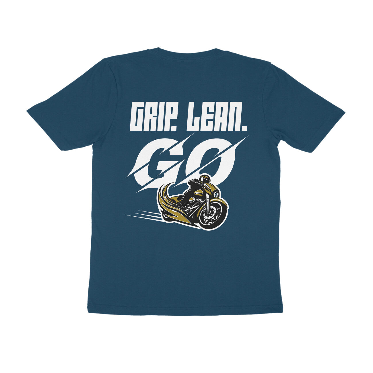 Blue Biker t-shirt for men with high-speed motorcycle and bold slogan